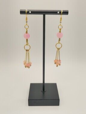 Hand Crafted Gold and Pink Bead Tassel Drop Earrings